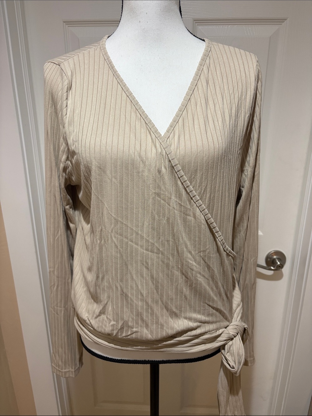 Taupe Wrap-Front Long Sleeve Top with Side Tie